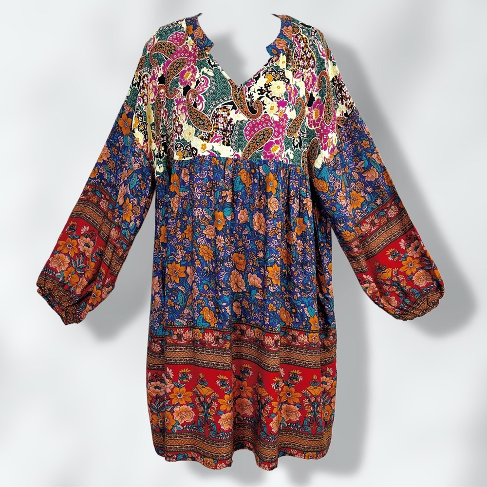 NWT Gaovot is Woman’s Long Sleeve Colorful A-Line Boho Dress / XL